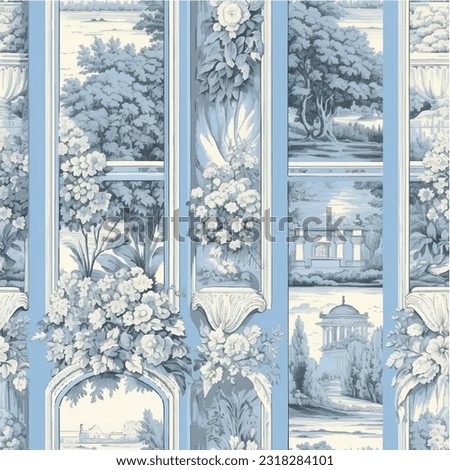 Seamless pattern toile de jouy style of a vintage classic garden in blue Stock foto © 