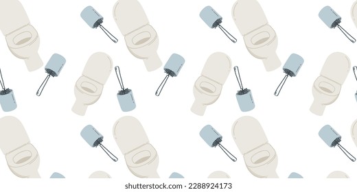 Seamless pattern with toilet bowl and toilet brush. Vector illustration