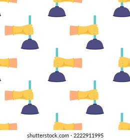 seamless pattern of toilet pump on white background, vector illustration of hand in glove holding plunger, flat style