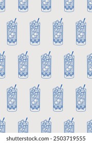 Seamless pattern of Tom Collins cocktail with lemon slice and cherry. Line art, retro. Vector illustration for bars, cafes, and restaurants.