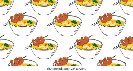 Seamless pattern with Tom Yum with shrimp. Flat and doodle vector illustration
