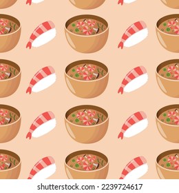 Seamless pattern with tom yum soup and shrimp nigiri. Asian food. Flat style