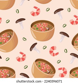 Seamless pattern with tom yum soup - with shrimp and mushrooms. Asian food. Flat style 