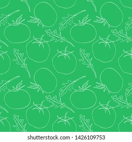 Seamless pattern with tomato and arugula (rucola). Linear white drawing on green backdrop. 