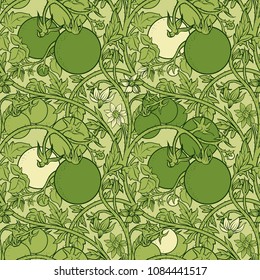 Seamless pattern of tomato branch in a garden. Green and white.