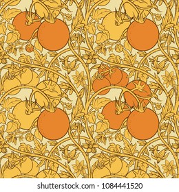 Seamless pattern of tomato branch in a garden. Orange and white.