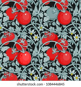 Seamless pattern of tomato branch in a garden. Red and black.