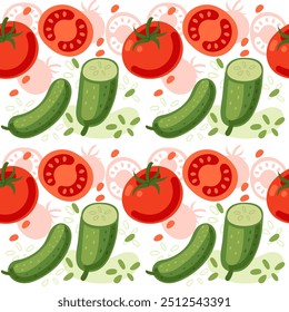 Patrón sin fisuras de tomate y pepino. Fondo de pantalla repetible Abstractas. Verduras maduras y frescas. Ilustración vectorial sobre fondo blanco