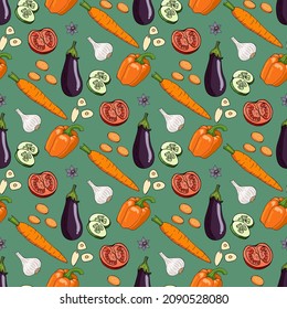 Nahtloses Muster mit Tomate, Gurken, Karotten, Auberginen, Glockenpfeffer und Knoblauch auf Teal-Hintergrund. Endlose Textur mit Gemüse für Ihr Design