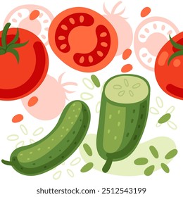 Seamless pattern of tomato and cucumber closeup. Abstract repeatable wallpaper. Ripe and fresh vegetables. Vector illustration on white background