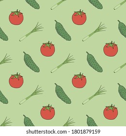 Seamless pattern with tomato, cucumber and green onion on light green background. Vector image. 