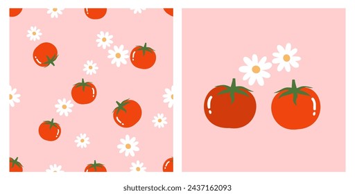 Patrón sin fisuras con tomate y linda flor en el vector de fondo rosa. Vector de conjunto de iconos de tomate.