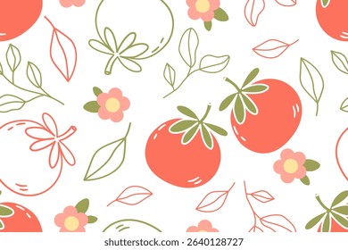 Seamless pattern with tomato flowers and leaves