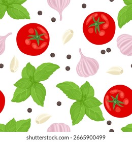 Seamless pattern with tomato, garlic, basil leaf and peppercorn. Food background. Vector cartoon flat illustration.