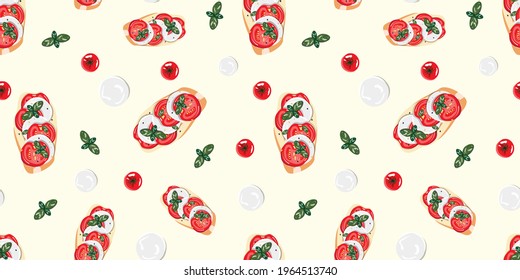 Seamless pattern with tomato, mozzarella sandwiches on yellow background. For textile, paper, packaging. Vector pattern. 