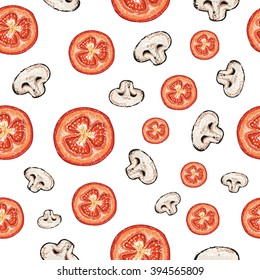 Seamless pattern with tomato and mushrooms on white background. Perfect for printing, cloth design, wallpaper, wrapping, web page background, surface textures, menu, restaurant, cafe, kitchen.Details.