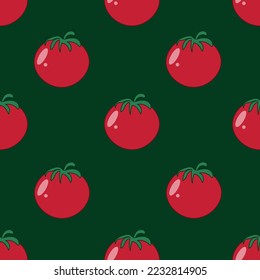 Patrón sin foco con tomate sobre fondo verde. Imprimir para papel pintado de tela y cocina.