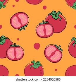 Seamless pattern tomato on orange background. Vector illustration.