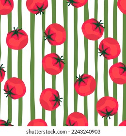 Seamless pattern with tomato. Organic vegetable wallpaper. Decorative backdrop for fabric design, textile print, kitchen textiles, wrapping, cover. Doodle vector illustration