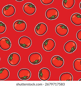 Seamless Pattern Tomato Over Red Background