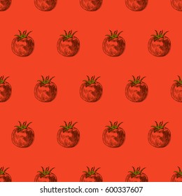 Seamless pattern of tomato. Retro background. Vintage style. Linear graphic design. Colored image of vegetables. Vector illustration.