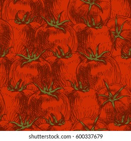 Seamless pattern of tomato. Retro background. Vintage style. Linear graphic design. Colored image of vegetables. Vector illustration.