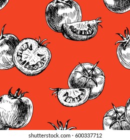 Seamless pattern of tomato. Retro background. Vintage style. Linear graphic design. Colored image of vegetables. Vector illustration.