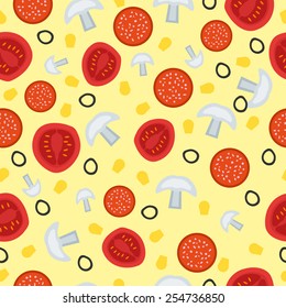 Seamless pattern with tomato,  salami and mushrooms