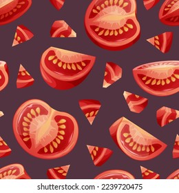 Seamless pattern with tomato slices. Traditional healthy cuisine. Delicious vegetable. Texture for fabric, wallpaper, restaurant paper and menu