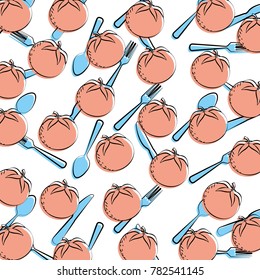 seamless pattern tomato vegetable with fork and spoon