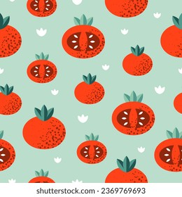 Patrón sin foco con tomate. Comida vegetariana. Vector.