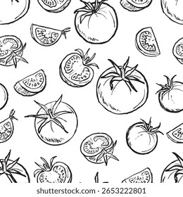 Seamless pattern with tomato whole and half sliced in black brush stroke texture isolated on white. Hand drawn vector sketch illustration in vintage charcoal ink. Kitchen tissue print design