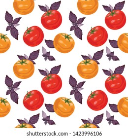 Seamless pattern with tomatoes and basil. Yellow and red tomatoes with purple basil. Wrapping paper, wallpaper, print, illustration for literature. Vector illustration.