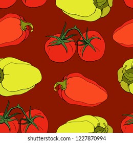 Seamless pattern with tomatoes and bell peppers on Burgundy background. Vegetarian, vegan food. Vector. Illustration.