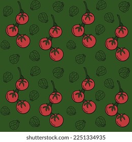 Seamless pattern with tomatoes and Brussels sprouts. Vegetables, proper nutrition. Vector pattern in a flat view.