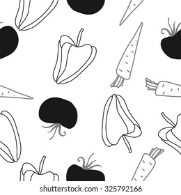 Seamless    pattern  of tomatoes, carrots, Bell peper, spots, leaves . Hand drawn.