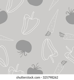 Seamless    pattern  of tomatoes, carrots, Bell pepper, spots, leaves . Hand drawn.
