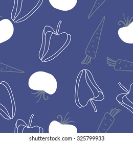 Seamless    pattern  of tomatoes, carrots, Bell pepper, spots, leaves . Hand drawn.