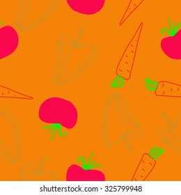 Seamless    pattern  of tomatoes, carrots, Bell pepper, spots, leaves . Hand drawn.