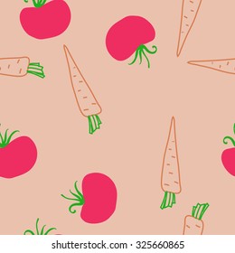 Seamless    pattern  of tomatoes, carrots,  spots, leaves . Hand drawn.
