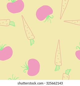 Seamless    pattern  of tomatoes, carrots,  spots, leaves . Hand drawn.
