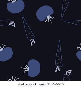 Seamless    pattern  of tomatoes, carrots,  spots, leaves . Hand drawn.