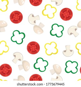nahtloses Muster mit Tomaten, Champignons oder Pilzen und Pfeffer, bunte Skizze von gesundem Gemüse einzeln auf weißem Hintergrund, Vektorgrafik