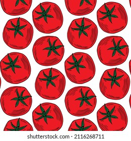 Seamless pattern with tomatoes. Colorful sketch of healthy vegetables and herbs isolated on white background. Doodle hand drawn vector illustration