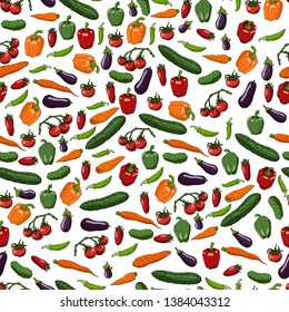 Seamless pattern with tomatoes, cucumbers, bell peppers, carrots, eggplants and green peas on white background. Endless texture with fresh vegetables for your design