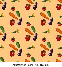 Seamless pattern with tomatoes, cucumbers, eggplants, bell peppers, and carrots. Endless pattern with various fresh vegetables on light orange background