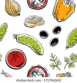 Seamless pattern with tomatoes, cucumbers, olives, onion, bell pepper and herbs. Colorful sketch of healthy vegetables and herbs isolated on white background. Doodle hand drawn vector illustration