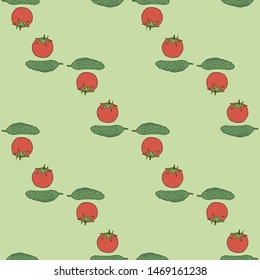 Seamless pattern with tomatoes and cucumbers on light green background for fabric, textile, clothes, tablecloth and other things. Vector image. 
