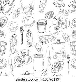 Seamless pattern of tomatoes, cucumbers and other objects for preserves. Monochrome composition. Hand drawn ink sketch isolated on white background. Vector illustration.