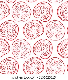 Seamless pattern with tomatoes in a cut. Vector outline illustration. Vegetable texture for wallpaper, design of sites and your design